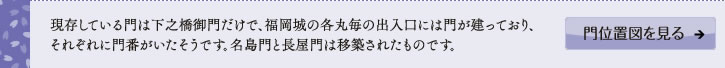 現存している門は下之橋御門だけで、福岡城の各丸毎の出入口には門が建っており、それぞれに門番がいたそうです。名島門と長屋門は移築されたものです。